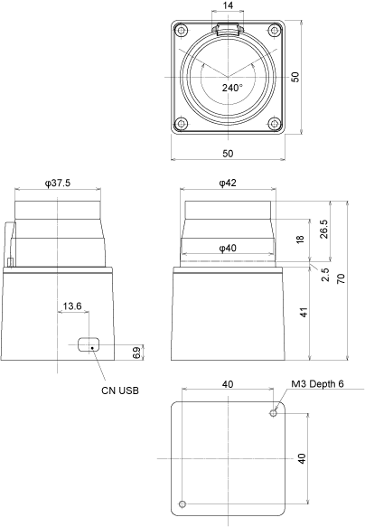 External dimensions of HOKUYO Laserscanner URG-04LX-UG01 (simple URG)