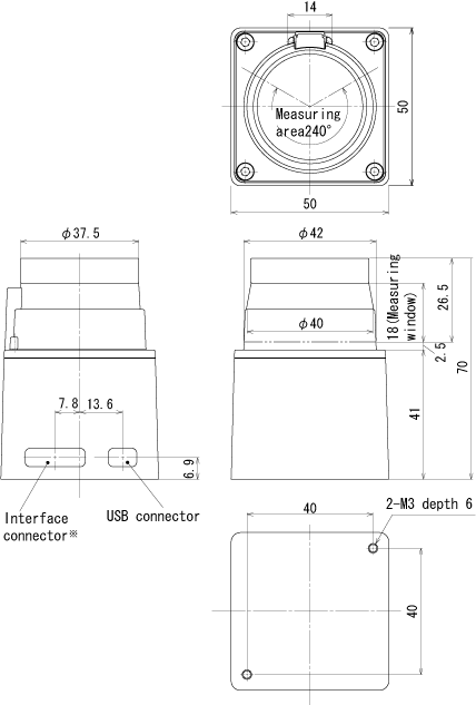 External dimensions of HOKUYO Laserscanner URG-04LX (classic URG)