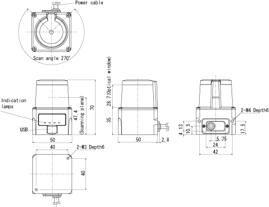 External dimensions of HOKUYO Laserscanner UST-05LA (Smart-URG eco)