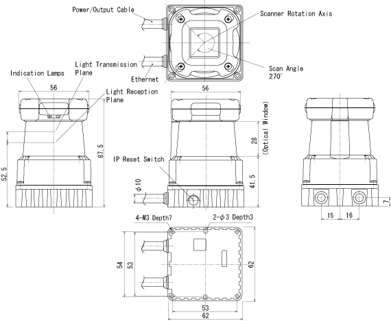 External dimensions of HOKUYO Laserscanner UTM-30LX-EW (Ether Top)