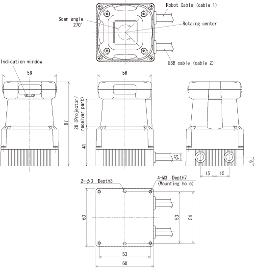 External dimensions of HOKUYO Laserscanner UTM-30LX (Top URG)