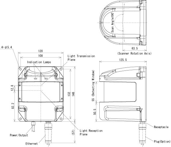 External dimensions of HOKUYO Laserscanner UXM-30LX-EW (Though URG)
