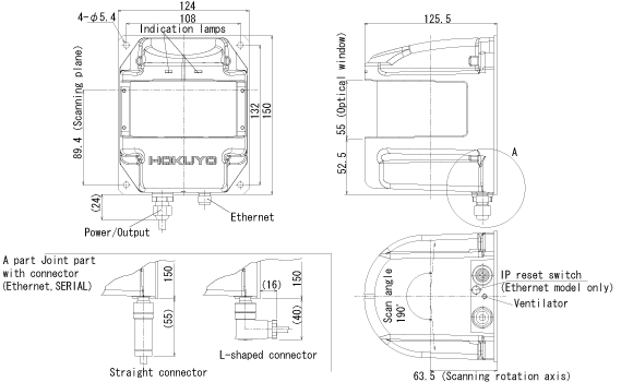External dimensions of HOKUYO Laserscanner UXM-30LXH-EWA (Hi-Tough)
