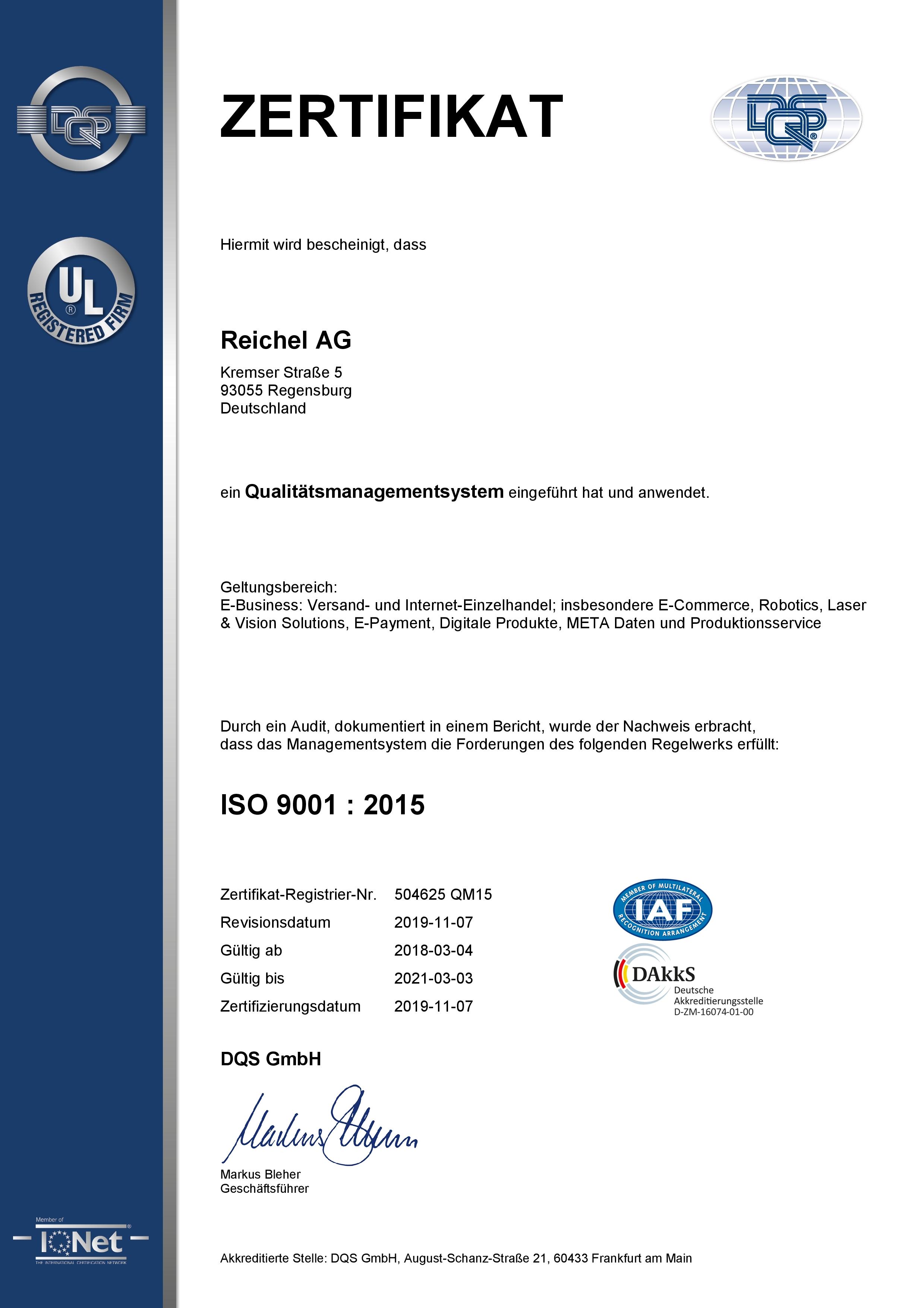 Qualitätsmanagement der Reichel AG ISO 9001:2015 Deutsch